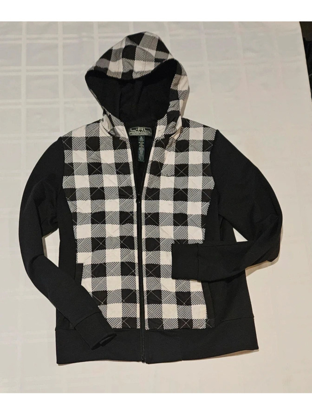 Lauren Active Ralph Lauren Plaid Quilted Full Zip Hoodie Jacket Medium M Black
